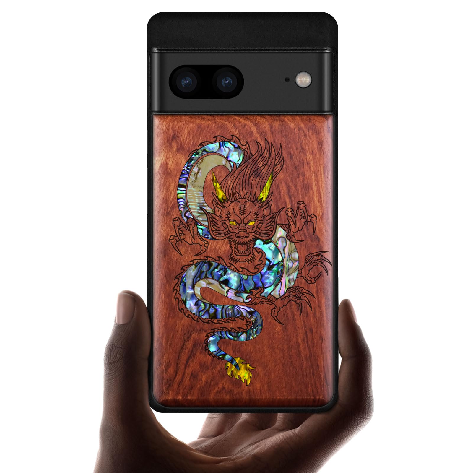 Carveit Bois et Coque pour Google Pixel 7, (Rosé-Le Dragon Oriental)