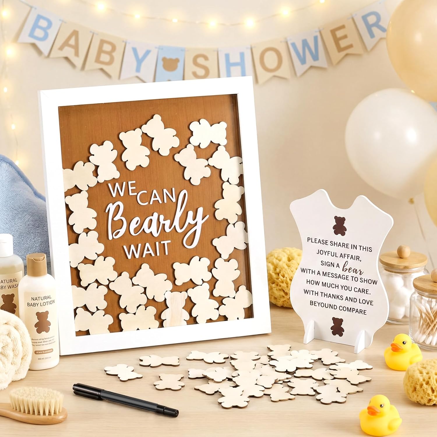 Youyole 53 Pcs Baby Shower Guest Book Alternatives Decorations We Can Bearly Wait He or She Gender Reveal Decorations Sign in Guest Book with Picture Frame 50 Wooden Bear Shape Clips
