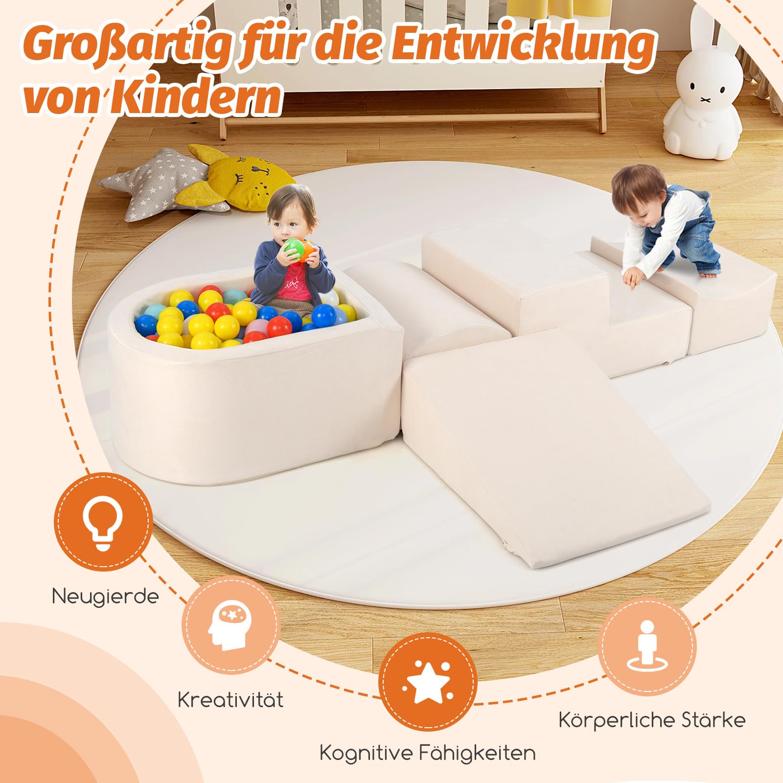 COSTWAY 5 TLG. Schaumstoffbausteine, Riesenbausteine mit Bällebad, Großbausteine zum Toben und Klettern, Kletterblöcke Softbausteine Kinder für Spielzimmer, Kinderzimmer, Keine Bälle (Beige)