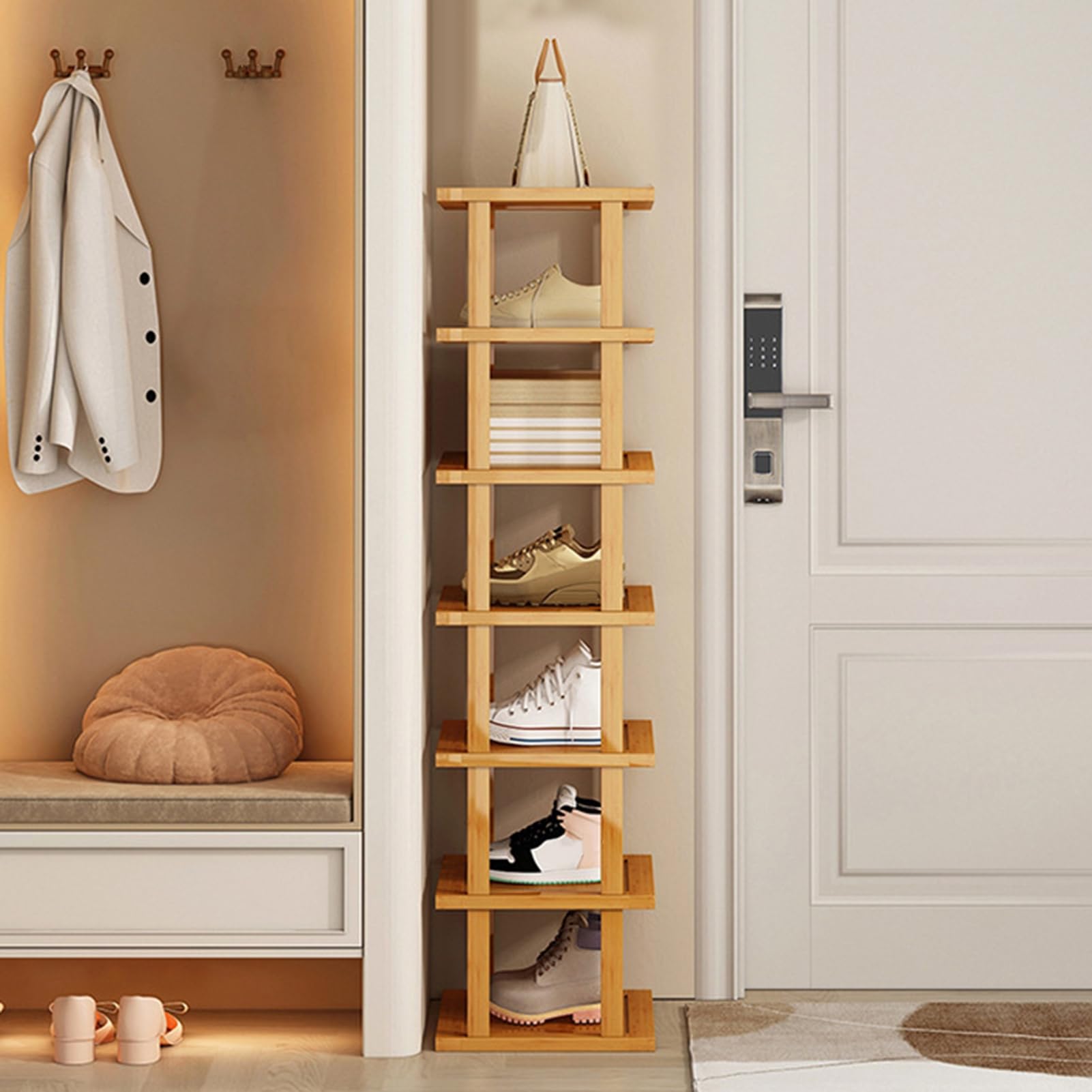 pofluany Bamboo Wood Shoe Rack, 5/6/7/8 Tiers Wood Narrow Shoe Rack, Detatchable Vertical Shoe Rack,Vertical Shoe Organizer Space Saving Corner Shoe Shelf, Tall Shoe Tower for Entryway 7 Tiers