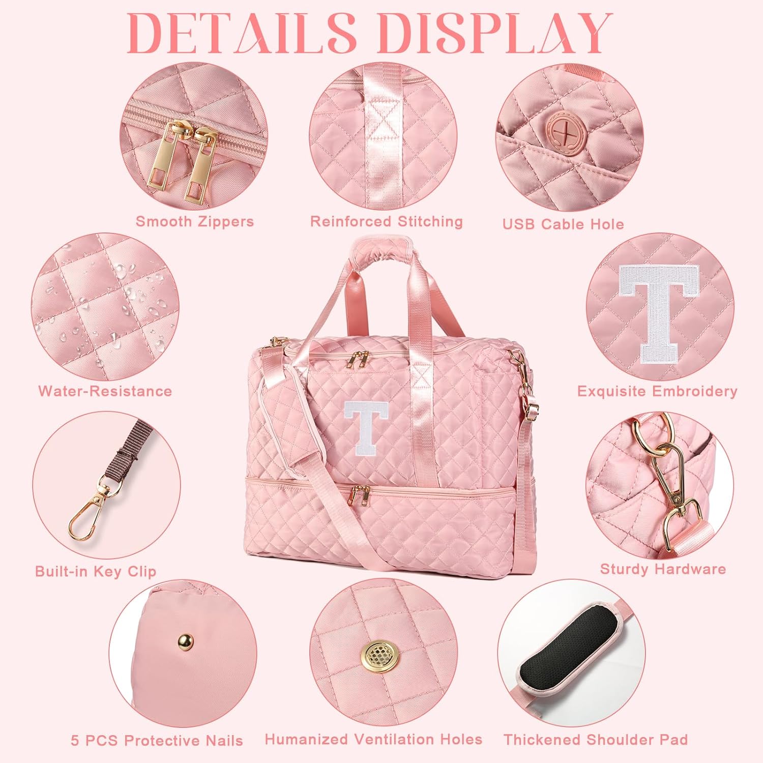 Personalized Initial Travel Bag, Quilted Duffle Bag, Weekender Bag for Women with Cosmetic Bag, Gym Bag with Shoe Compartment, Carry on Overnight Bag, Hospital Bag for Labor Delivery (Pink, T)