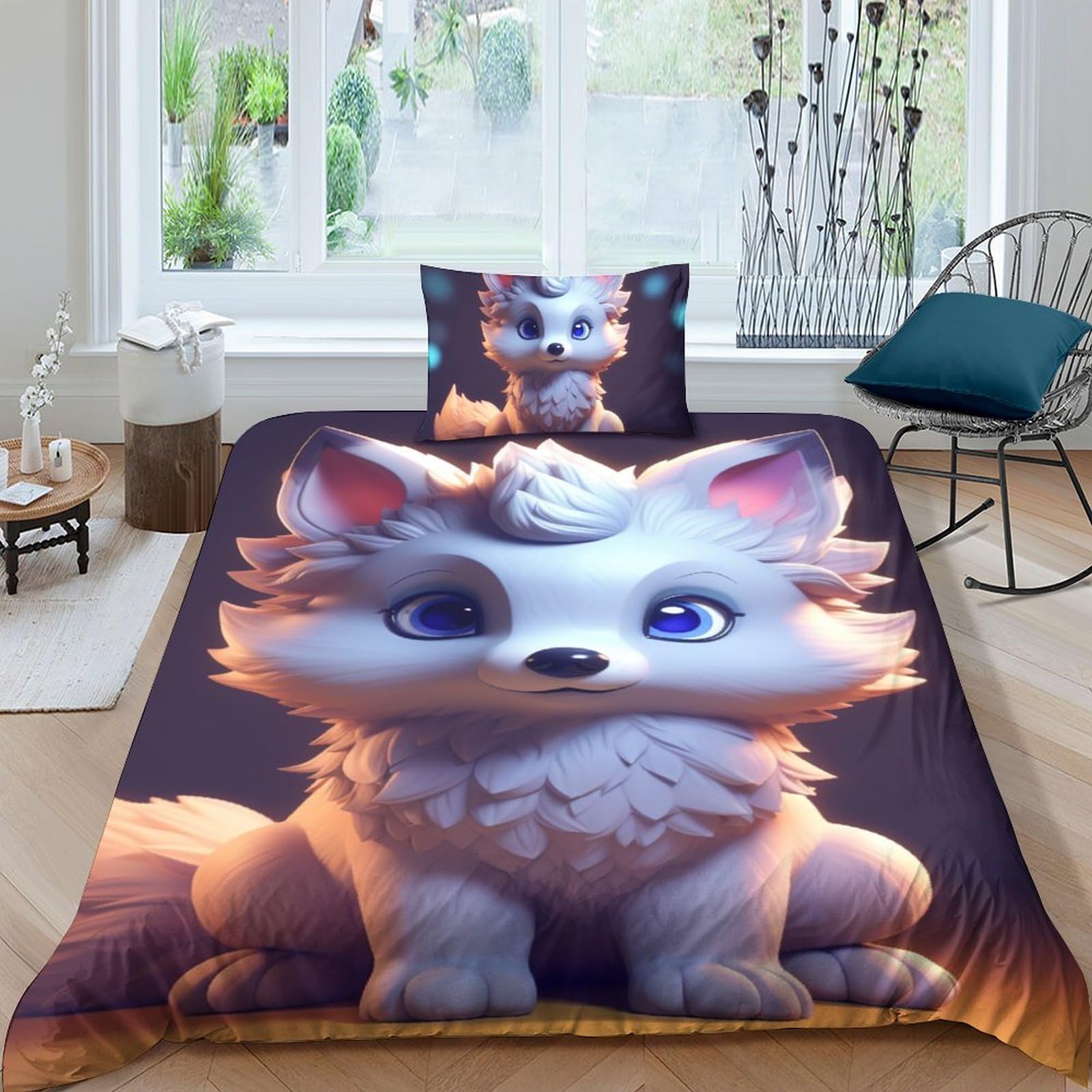 Parure de lit animaux microfifre 3d avec housse de couette white fox et taies d'oreiller adultes