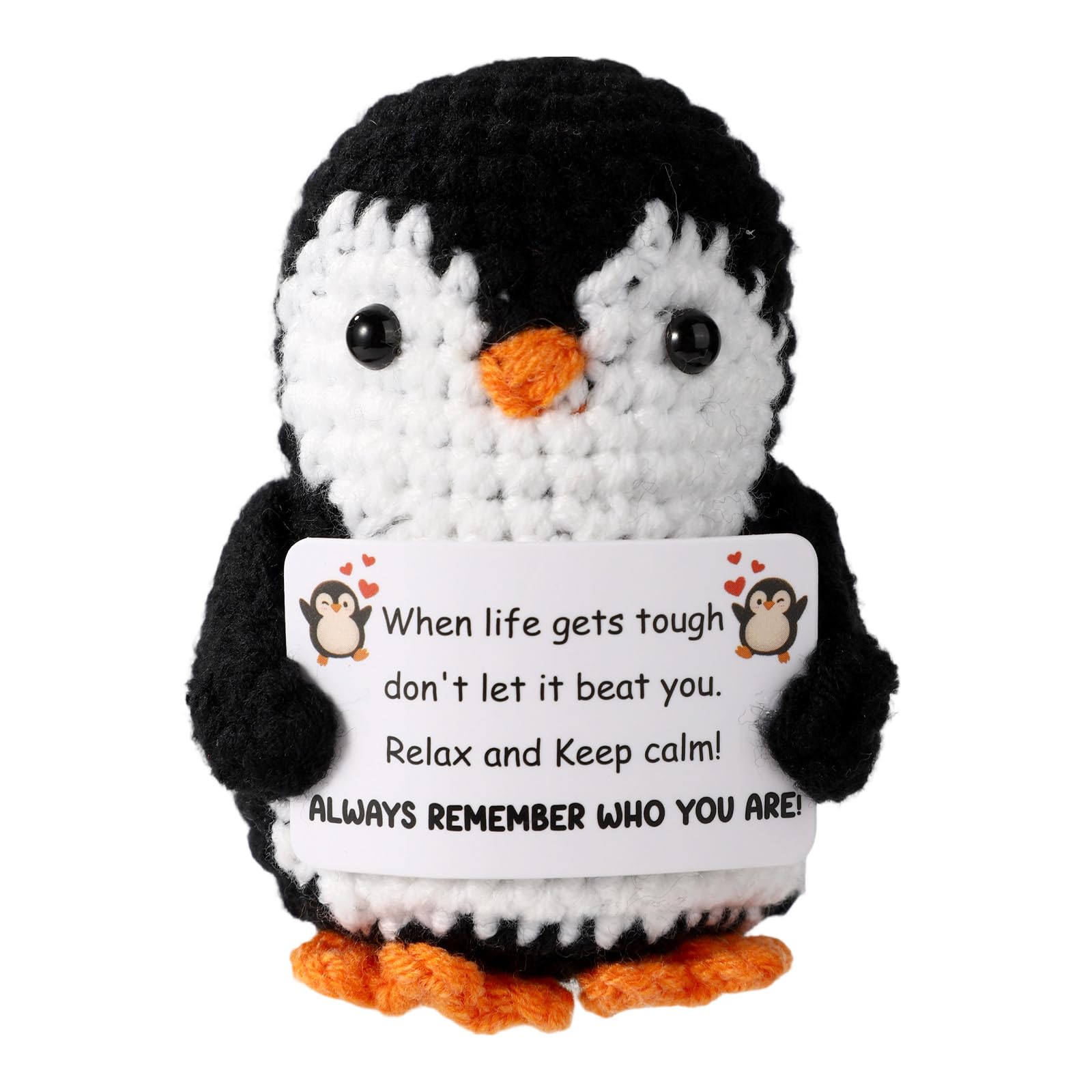 Toymis Pinguino Positivo All'Uncinetto 6cm - Portachiavi Regalo Incoraggiamento Con Biglietto E Base In Legno (Grigio)