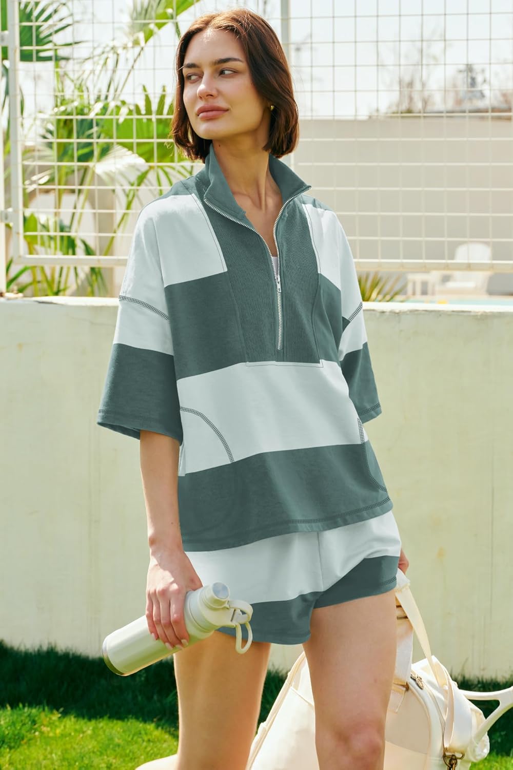 ReachMe Womens Workout Striped Short Sets 2 Piece Outfits Summer Matching Lounge Sets Top and Shorts with Pockets