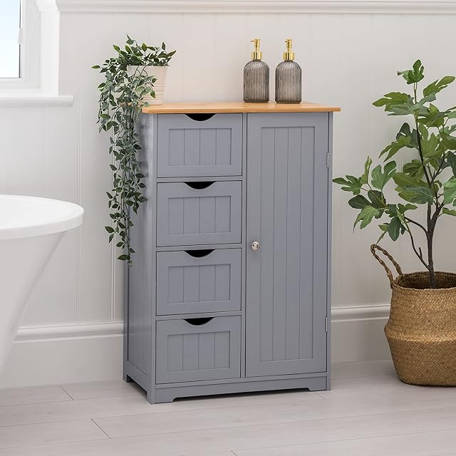 CHRISTOW Bathroom Cabinet Floor Standing, Wooden Grey & Bamboo 4 Drawer Storage Cupboard Unit With Shelf