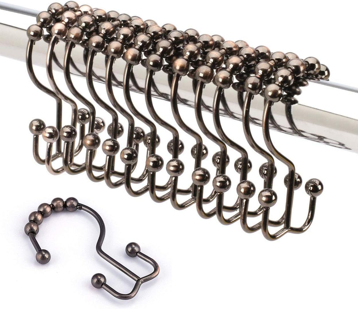 Wallesun Shower Curtain Rings Hooks Rustproof Metal Double Roller Glide Bathroom Shower Window Rod，Set of 12 (Oil Rubbed Bronze)