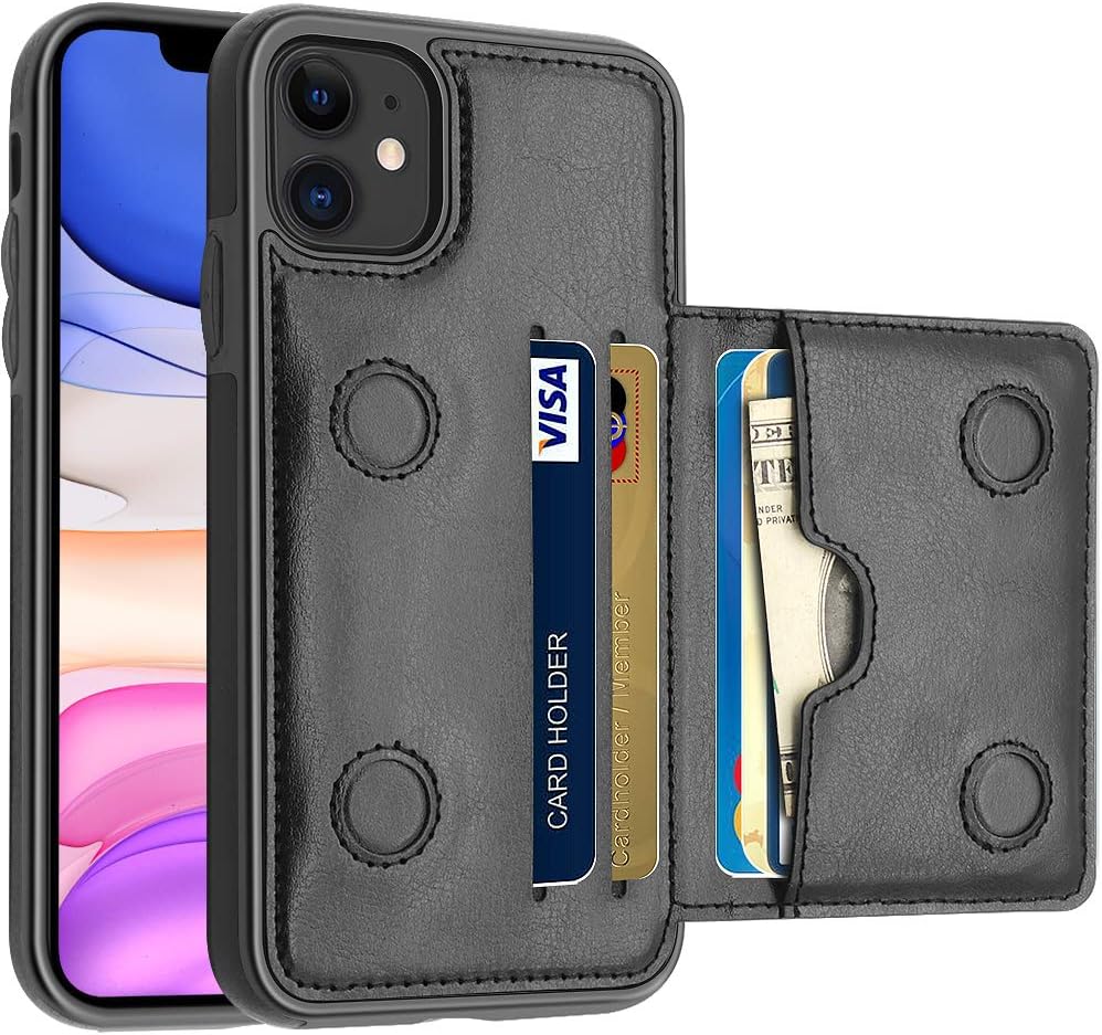 LakiBeibi Case for iPhone 11 with Card Holders, Dual Layer Lightweight Slim Leather iPhone 11 Wallet Case Flip Folio Magnetic Lock Protective Case for Apple iPhone 11 6.1 Inch (2019), Black