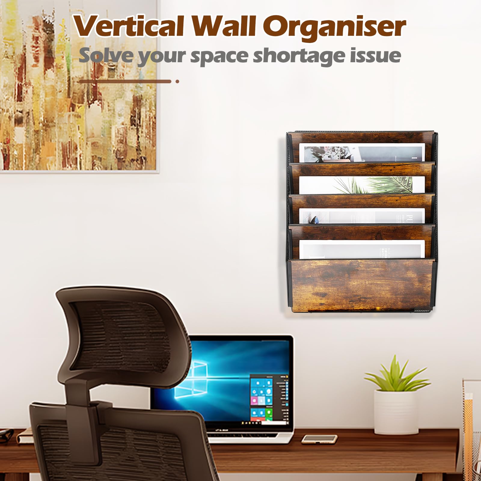 TQVAI 5 Compartimentos Metálica Madera Revistero Pared Documentos Organizador Papeles A4 Colgante Oficina Archivador de Organizador Herramientas Pared, Negro/Antiguo