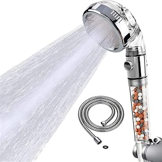 Shower Head, Ionic Shower Head with 2M Shower Hose, Filter Shower Head for Hard Water to Increase Pressure 4 Modes Spray Function with Stop Button Adjustable，Contains Extra Replaceable Filter Beads