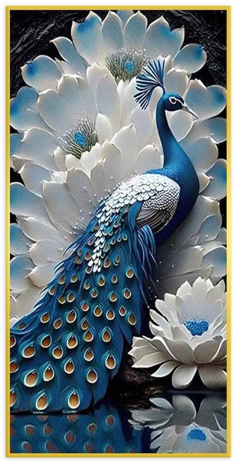 BLISS VIE Premium Abstract Modern Retro Decor Luxury Style Crystal Porcelain Wall Painting Wall Art for Bedroom Living Room Office, with Aluminum Alloy Frame (Peacock with Diamond, 40x80 cm)