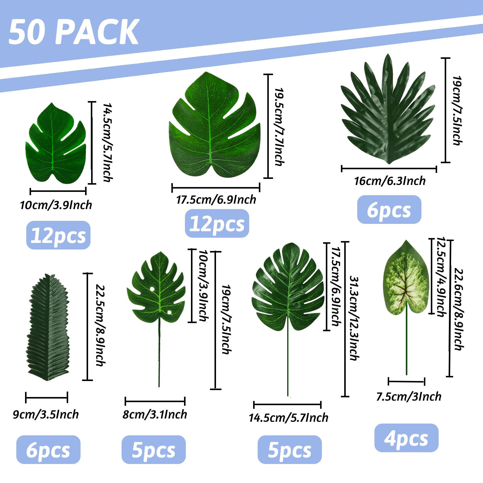 PietyPet 50 Pieces 7 Kinds Tropical Party Decorations Jungle Monstera Leaves Safari Leaves, Artificial Palm Leaves with Faux Stem for Hawaiian Luau Party Jungle Beach Table Leave Decorations