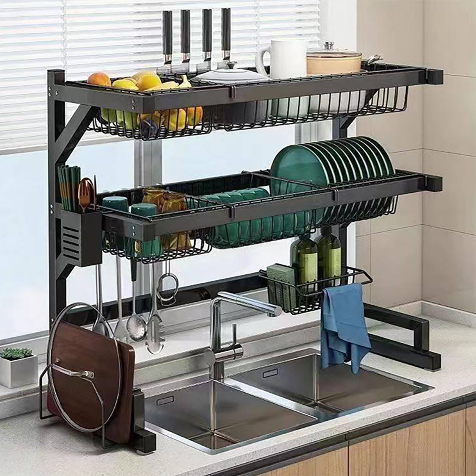 Escurridor de platos multifunción con soporte para utensilios, mantiene el fregadero de cocina organizado para platos, vasos, cuencos, cubiertos
