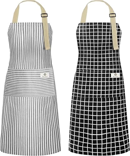 NLUS Paquete de 2 delantales de cocina de cocina, delantal de chef ajustable impermeable con 2 bolsillos para hombres y mujeres (rayas grisescuadros