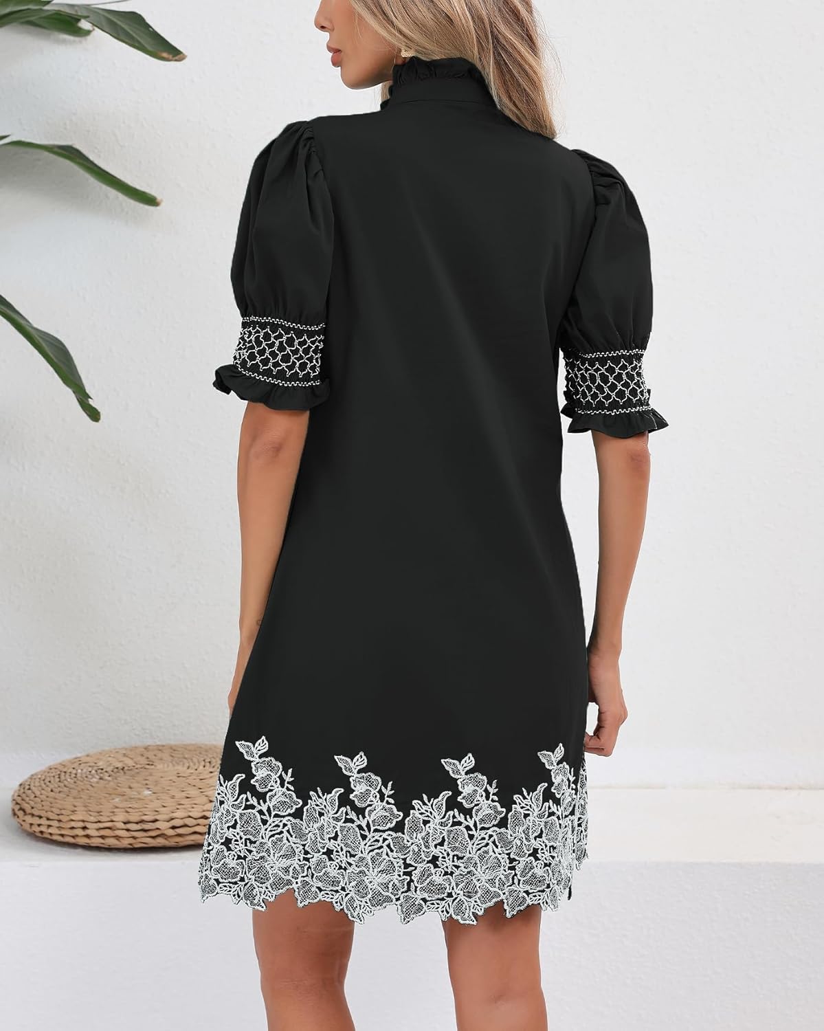 Women's Summer Embroidered Mini Dress Short Puff Sleeve Ruffle Collar Button Front Shift Dress - Image 4