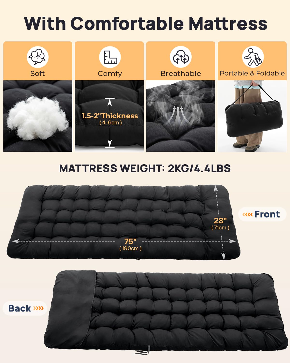 Sportneer Feldbett mit Matratze, Klappbett Breite 71/81cm Tragfähigkeit 204KG Gästebett Campingbett Feldbett Mit Aufbewahrungstasche für Erwachsene Outdoor Indoor Garten Camping Reisen