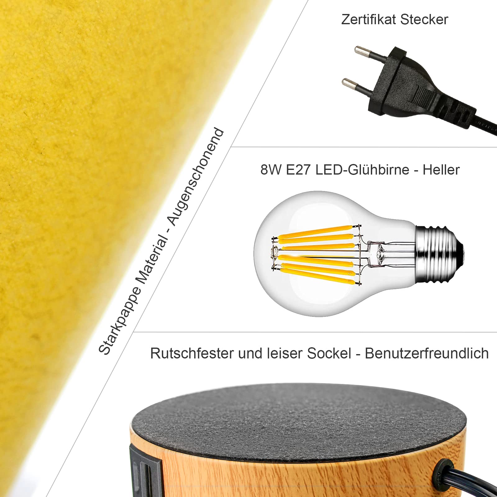 Lámpara de Mesa para Sala de Estar - Totalmente Regulable con Puerto USB, Diseño Moderno de Pantalla de Papel Kraft Amarillo para Dormitorio (Incluye Bombilla LED de 8W) | Lámpara de escritorio pequeña para mesita de noche con pantalla redonda para dormit