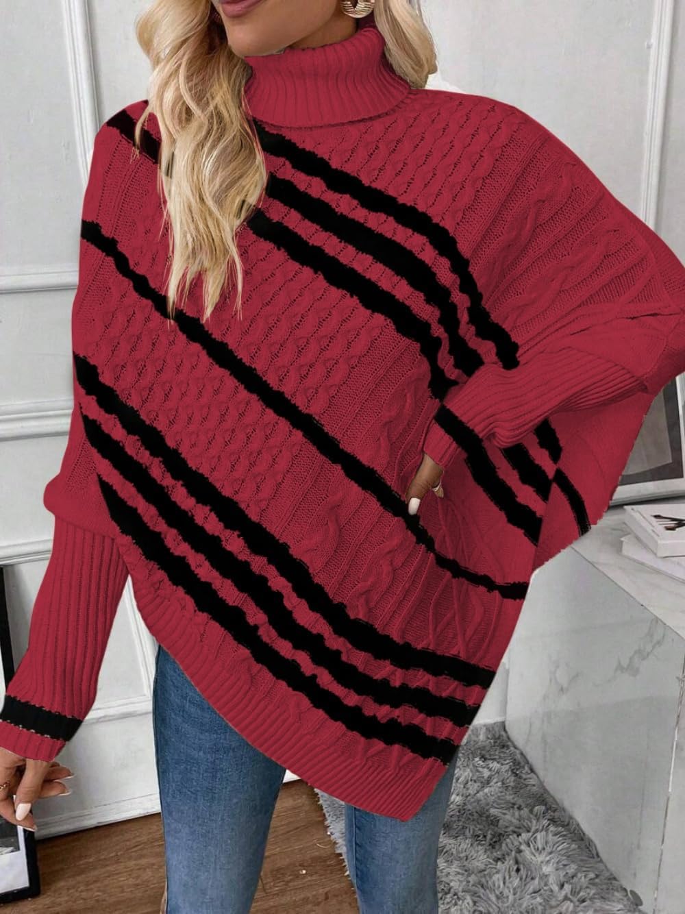 ZAFUL Women's Asymmetrical Turtleneck Poncho Sweaters Drop Shoulder Cable Knit Casual Pullover Sweater - Image 4