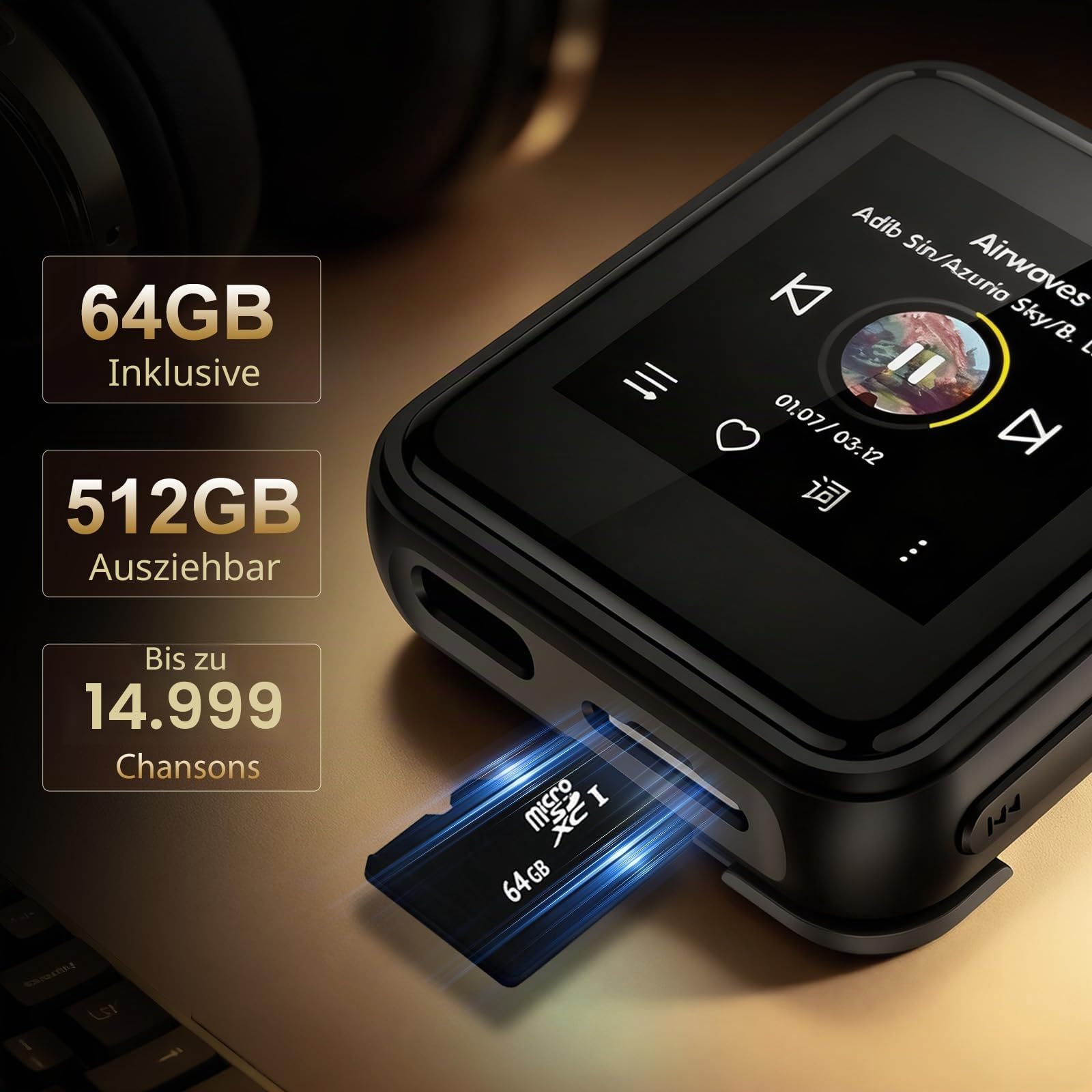 HIFI WALKER H2 Mini MP3 Player Bluetooth mit Hi-Res Audio, ESS9218 DAC, aptX/LDAC/UAT, Tragbarer Musikplayer mit Clip, Touchscreen, 64GB Speicher, Unterstützt bis zu 512GB,Schwarz