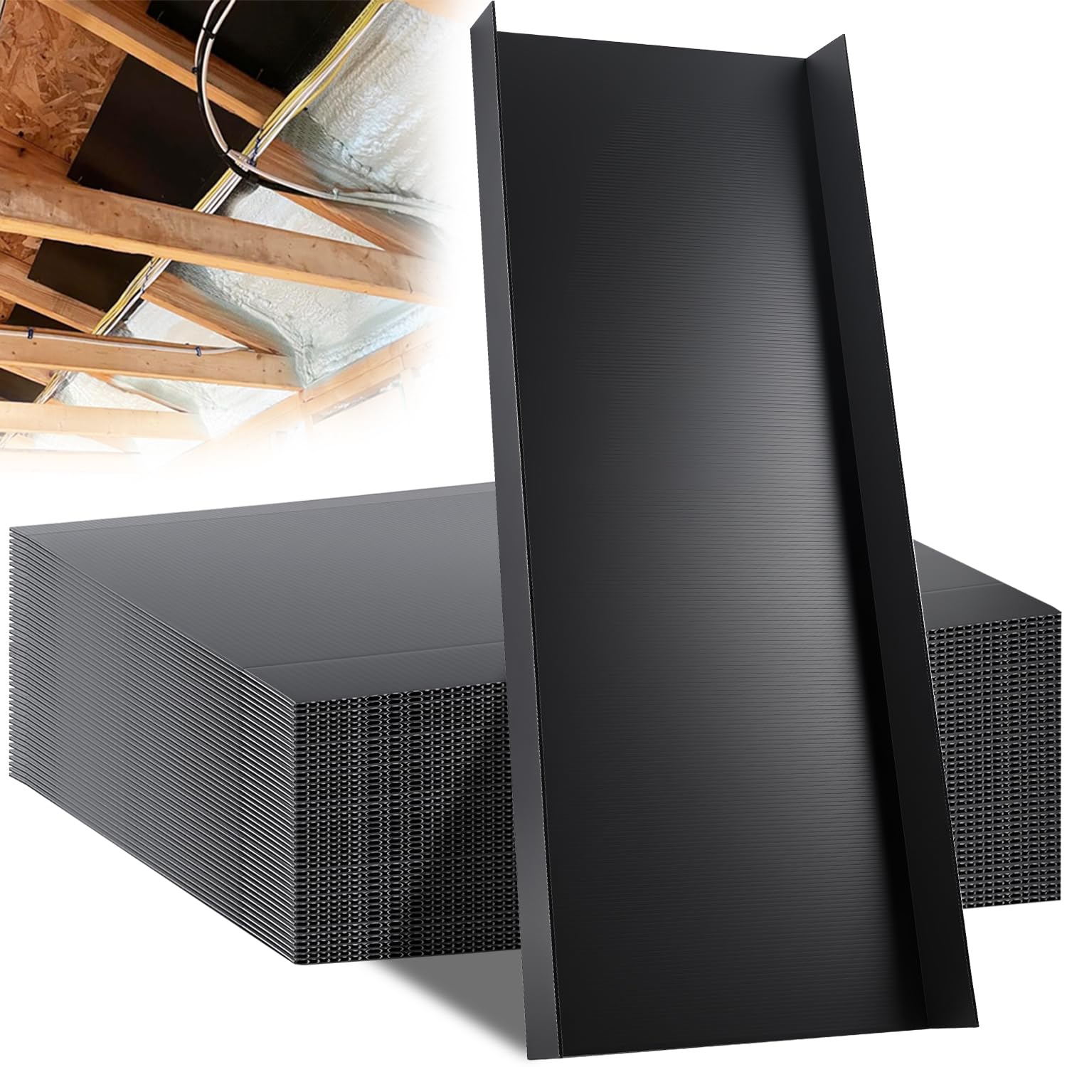 Photo 1 of 36 Pack 16 Attic Insulation Baffle, Black Durable Polypropylene Attic Baffles for 14½'' Rafter Bays with 2" Air Channel Rafter Vents Improve Roof Ventilation and Prevent Insulation Blockage