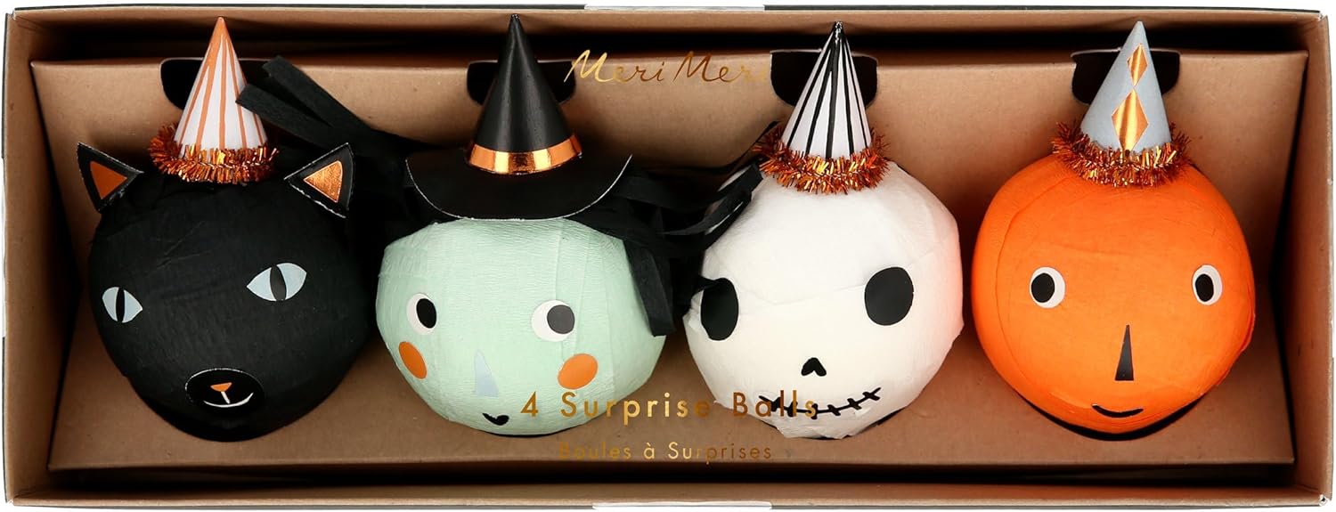 Meri Meri Halloween Vintage Surprise Balls (Pack of 4), Witch, Skull, Black Cat, and Pumpkin Halloween Party Favors, Ages 3+, 2" x 2" x 2.75" Table Decorations