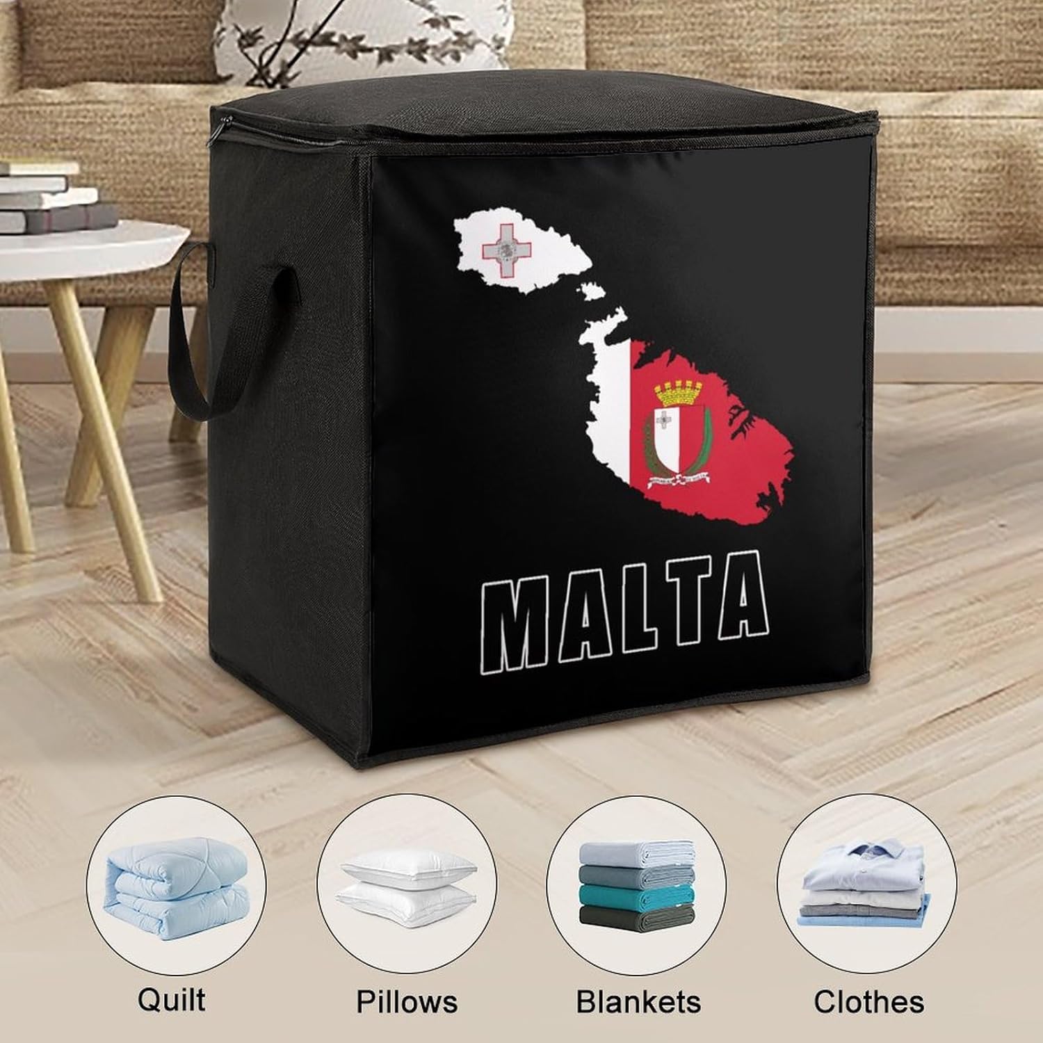 Malta Flag Map National Emblem Large Comforter Blanket Storage Bags Bins 70L Closet Organizer with Handles