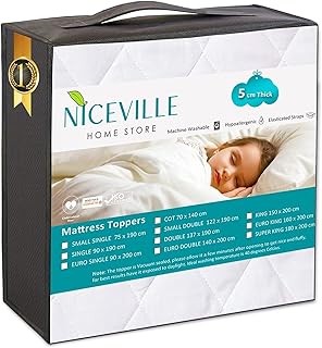 Niceville ® Mattress Topper Double Bed 5cm Thick White, Fluffy Soft Microfibre, Machine Washable with Four Sided Deep Elasticized Corner Straps Size – (5cm Double (137x190)