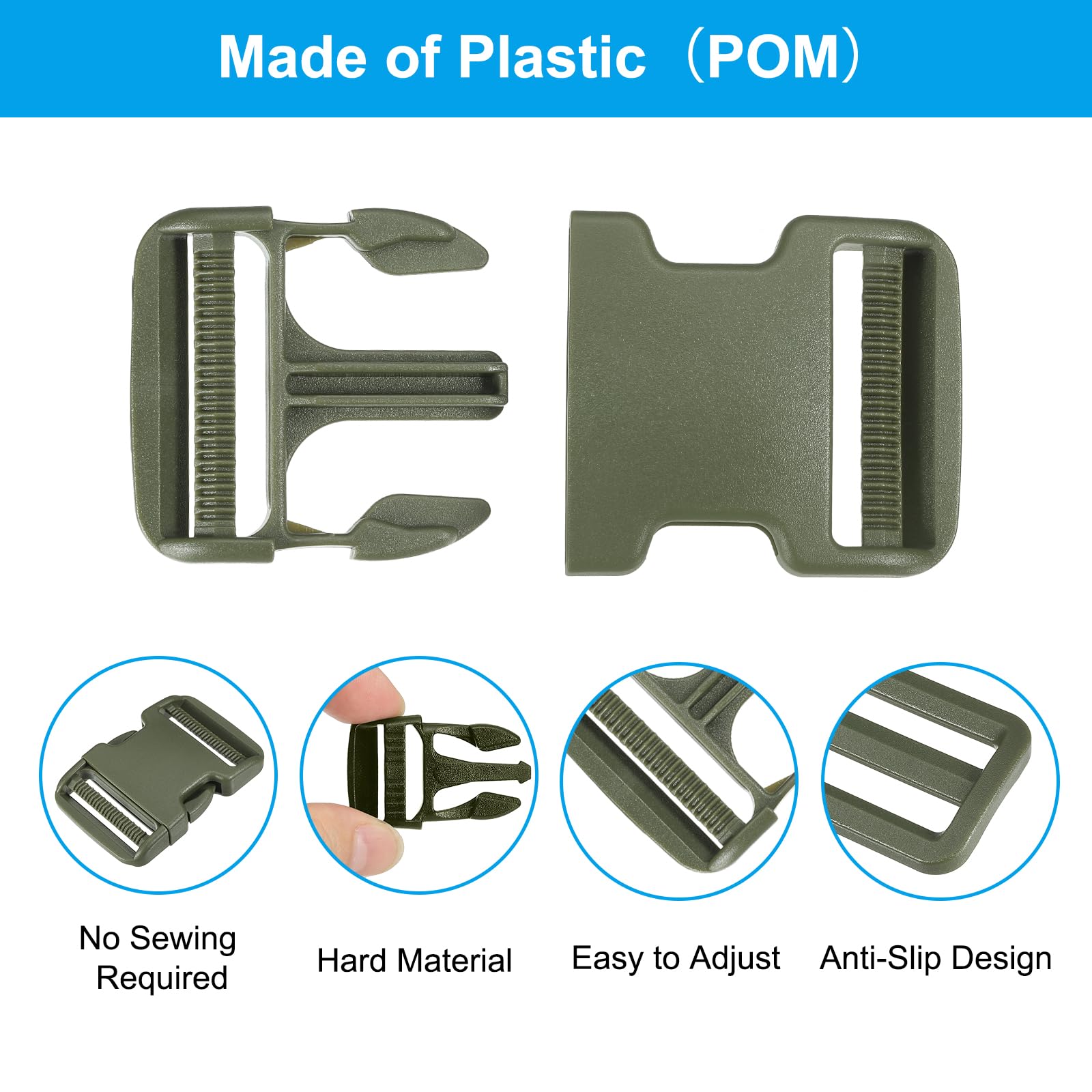 PATIKIL 2" Quick Release Buckle, 2 Pack Plastic Quick Side Release Clips with 4 Pack Tri-Glide Slide for Strap Webbing, Belt - Image 3
