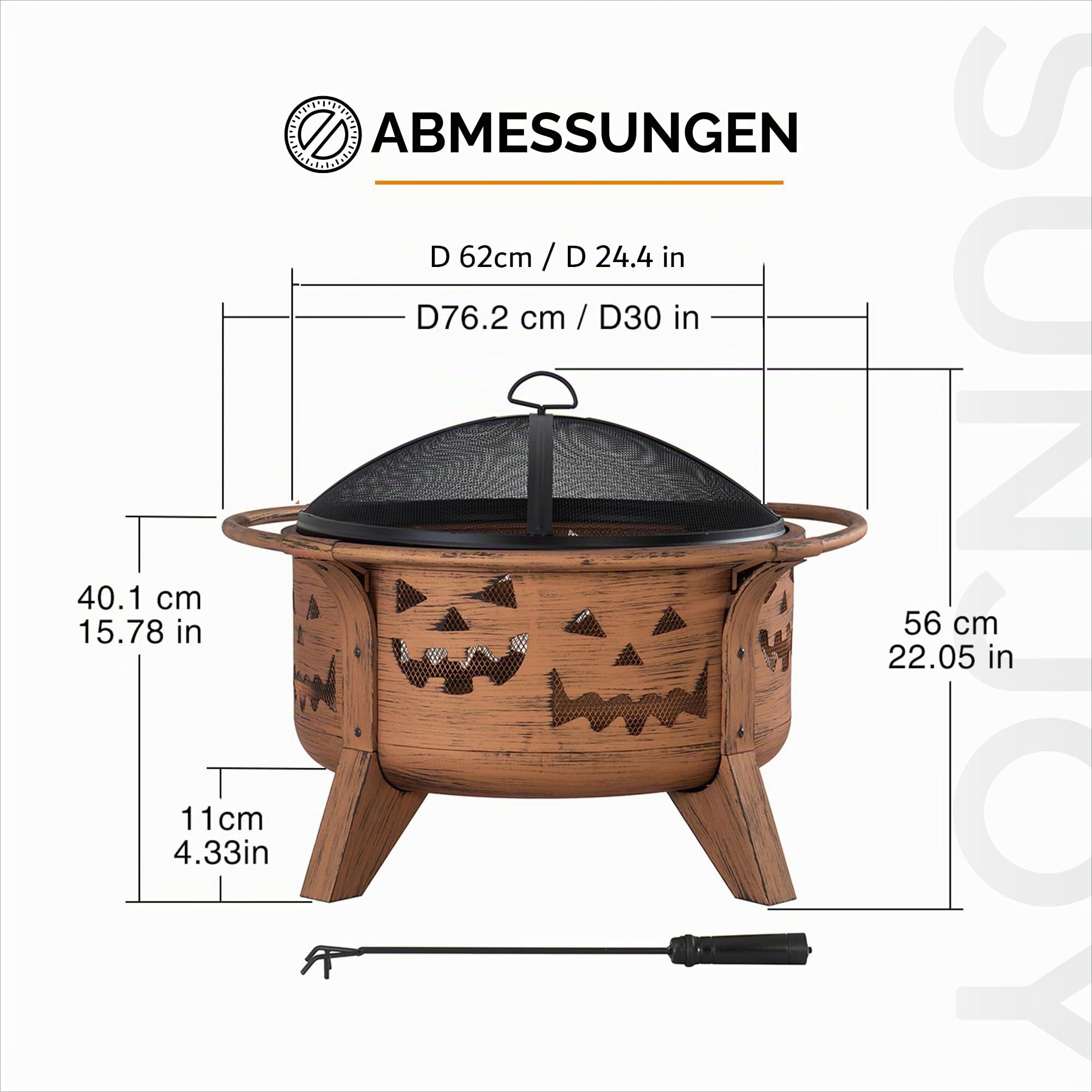 SUNJOY 76 cm Feuerstelle Outdoor Holzfeuerstelle Terrasse Jack-o-Lantern Motiv Runde Stahl Große Feuerstellen für Draußen mit Funkenschutz und Schürhaken