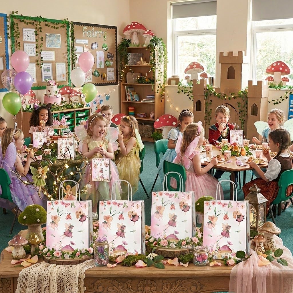 24 Pcs Fairy Party Favor Bags with Handles, Woodland Mushroom Goodie Gift Candy Treat Paper Bags for Kids Girls Baby Shower Birthday Party - Image 7