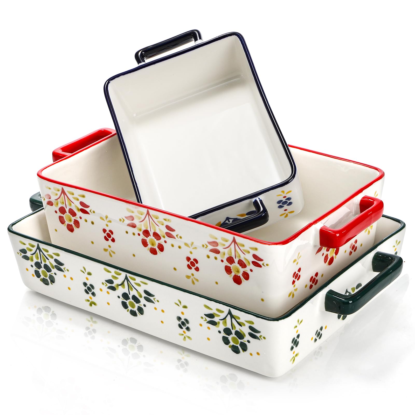 Peohud Set of 3 Casserole Dishes for Oven, Porcelain Baking Dishes with Handle, Large Rectangular Lasagna Pans, Ceramic Bakeware Set for Cooking, Kitchen, Cake Dinner, Banquet, Wedding and Daily Use