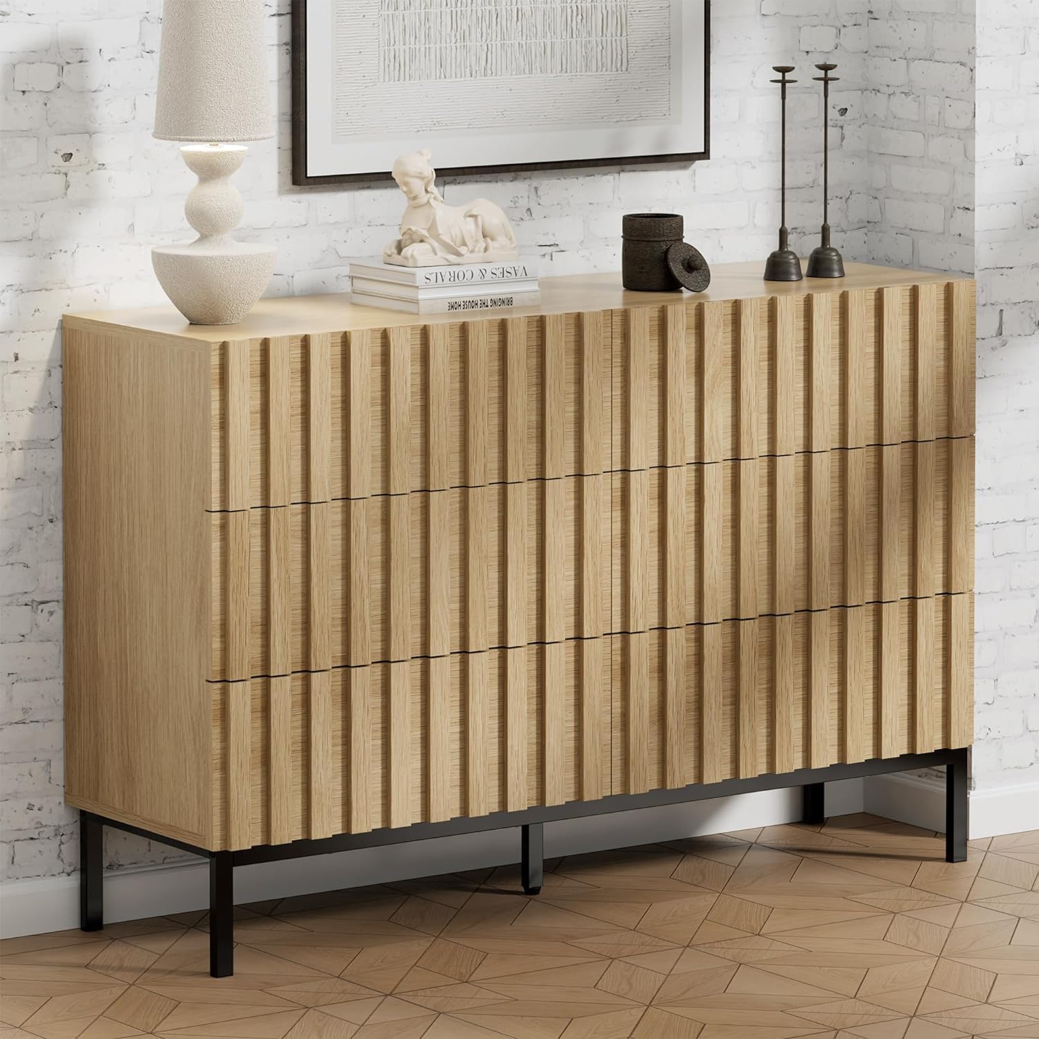 UEV Kommode mit 6 Schublanden, 100 x 34,5 x 73,4cm, Schrank mit Schubladen, Schmal Kommode, Aufbewahrungskommode, Schrank für Wohnzimmer Schlafzimmer Flur (Natur)