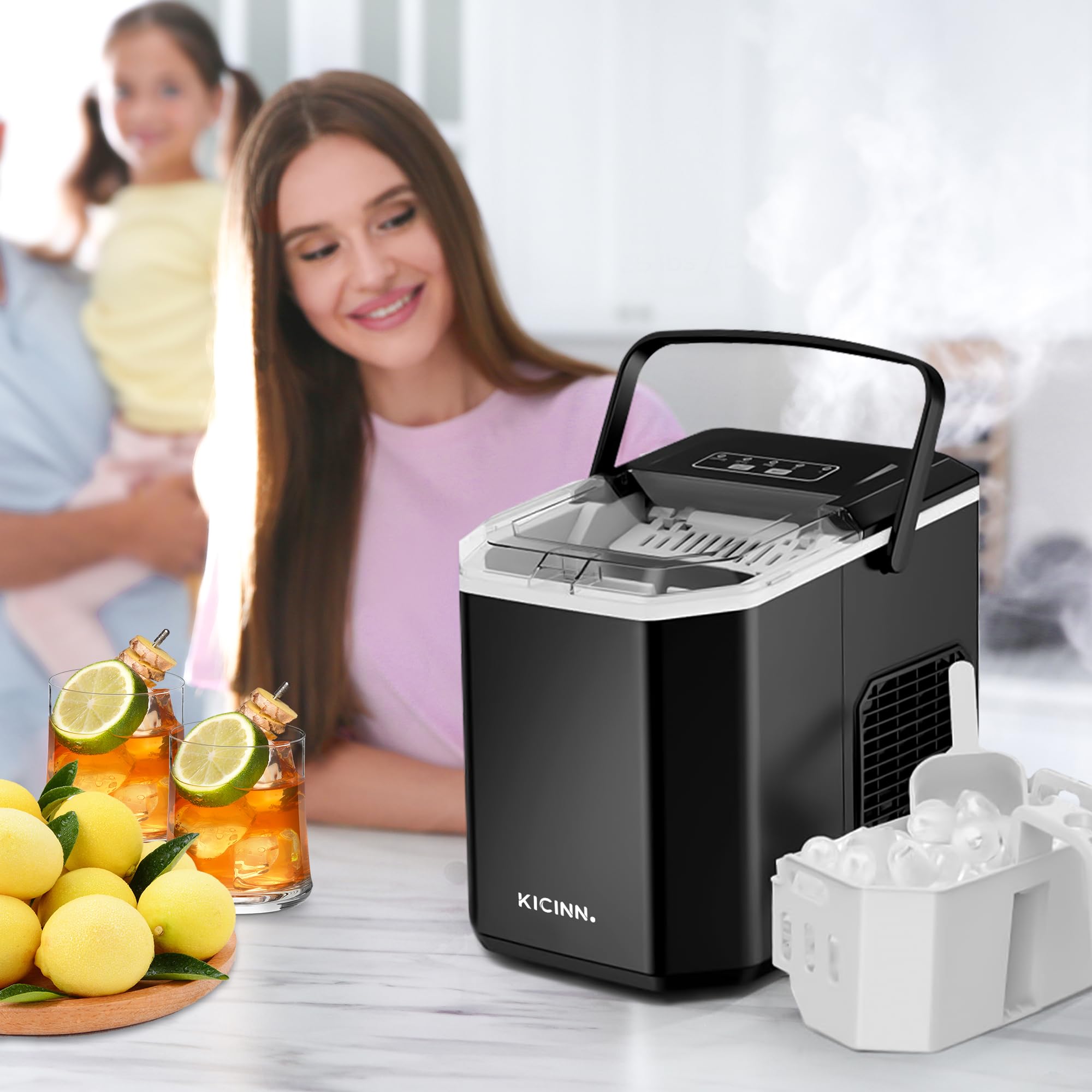 Machine À Glaçons De Comptoir - Prête En 5 Minutes, 14 Kg En 24 H | Machine À Glaçons Portable Autonettoyante Avec Pelle Et Panier Pour La Maison Et La Cuisine - Noir