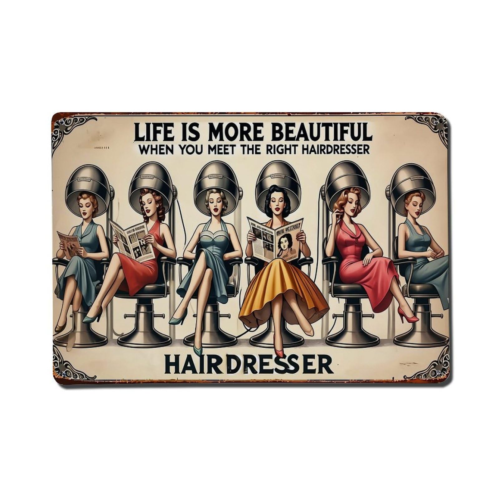 Jdfenggu Women's Vintage Hairdresser Salon Illustration Retro Metal Tin Sign, Metal Poster For Bar, Home, Man Cave, Kitchen, Laundry Room Art Decor 8X12 Inch