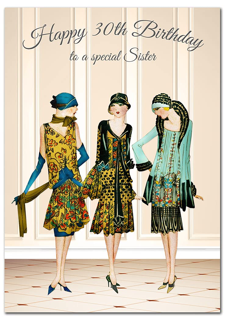 Extra Large Sister 30th Birthday Card - XL Big thick A4 size - Special Age Year Greeting Her Women Female - Beautiful Art Fashion Retro Flapper Girls - Nice Huge Happy Wishes UK Eco-Friendly