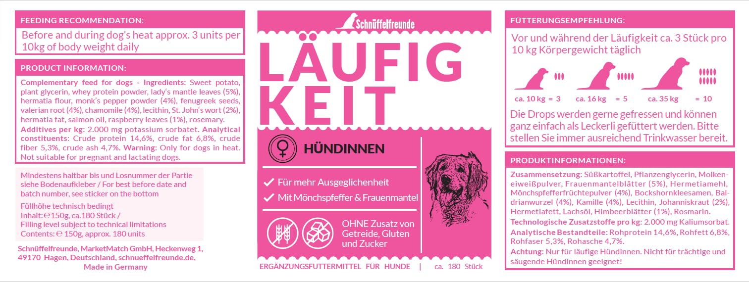 Läufigkeit Drops für Hunde I für den Hund im Zyklus I scheinschwanger scheinträchtig I mit Mönchspfeffer, Frauenmantel, Himbeerblätter, Baldrian (150g - ca.180 Stück)