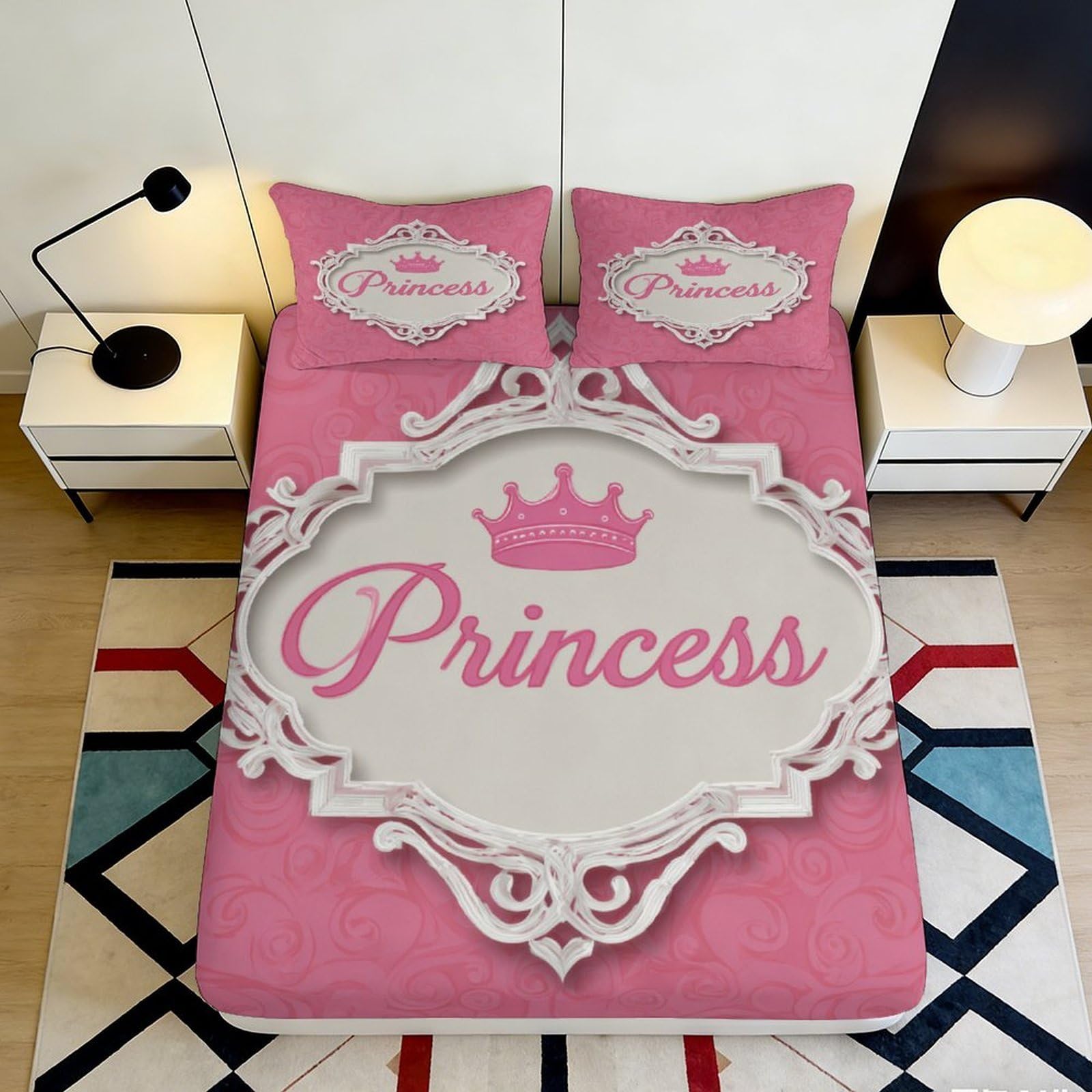 Pnayamiorkfel Style-9 3D Printed Pink Princess Crown Fitted Sheet Microfiber Soft Decorative Bed Cover For Bedroom Guest Room Dormitory Mattress Protection 90X200x25cm