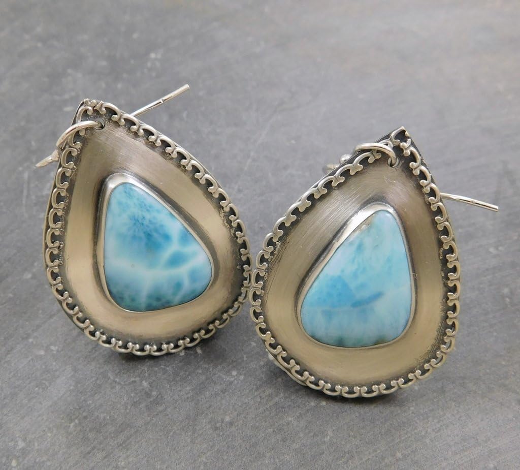 Larimar Teardrop Ornate Oxidized Sterling Silver Earrings