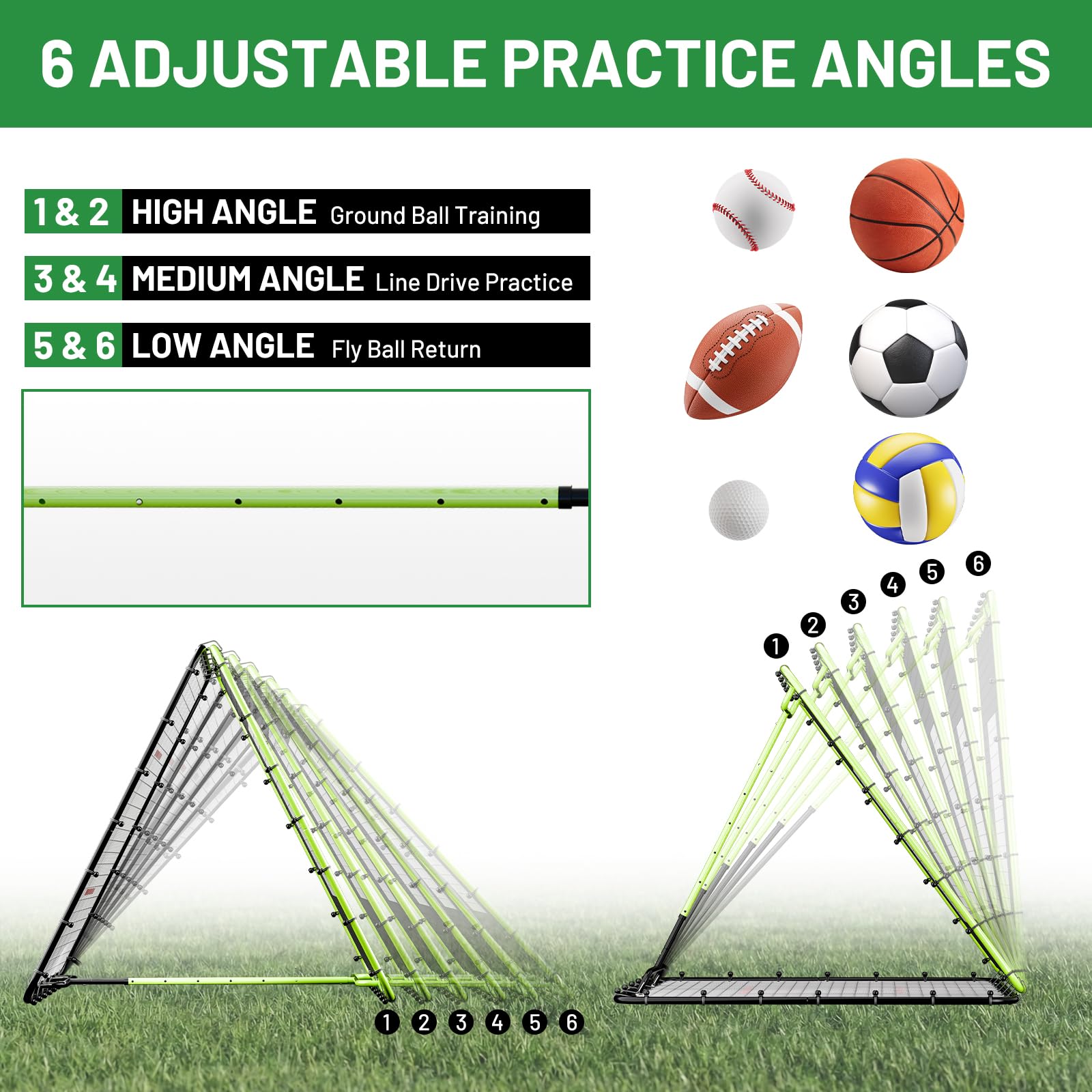 SPOYNAL Baseball-Rebounder-Netz, 137 x 121 cm, verstellbares Baseball-Trainingsnetz mit 6 Winkeln, wendbares Rückprallnetz für Pitching, Werfen und Feldern, Baseball- und Softball-Trainingsgeräte