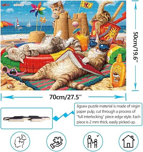 Natgift Jigsaw Puzzle Beach Cats Beachcombers 1000 Piece 27.5''(L) X 19.6''(W) Children's Gift Large Puzzle Game Artwork For Adults Teens #TOP1