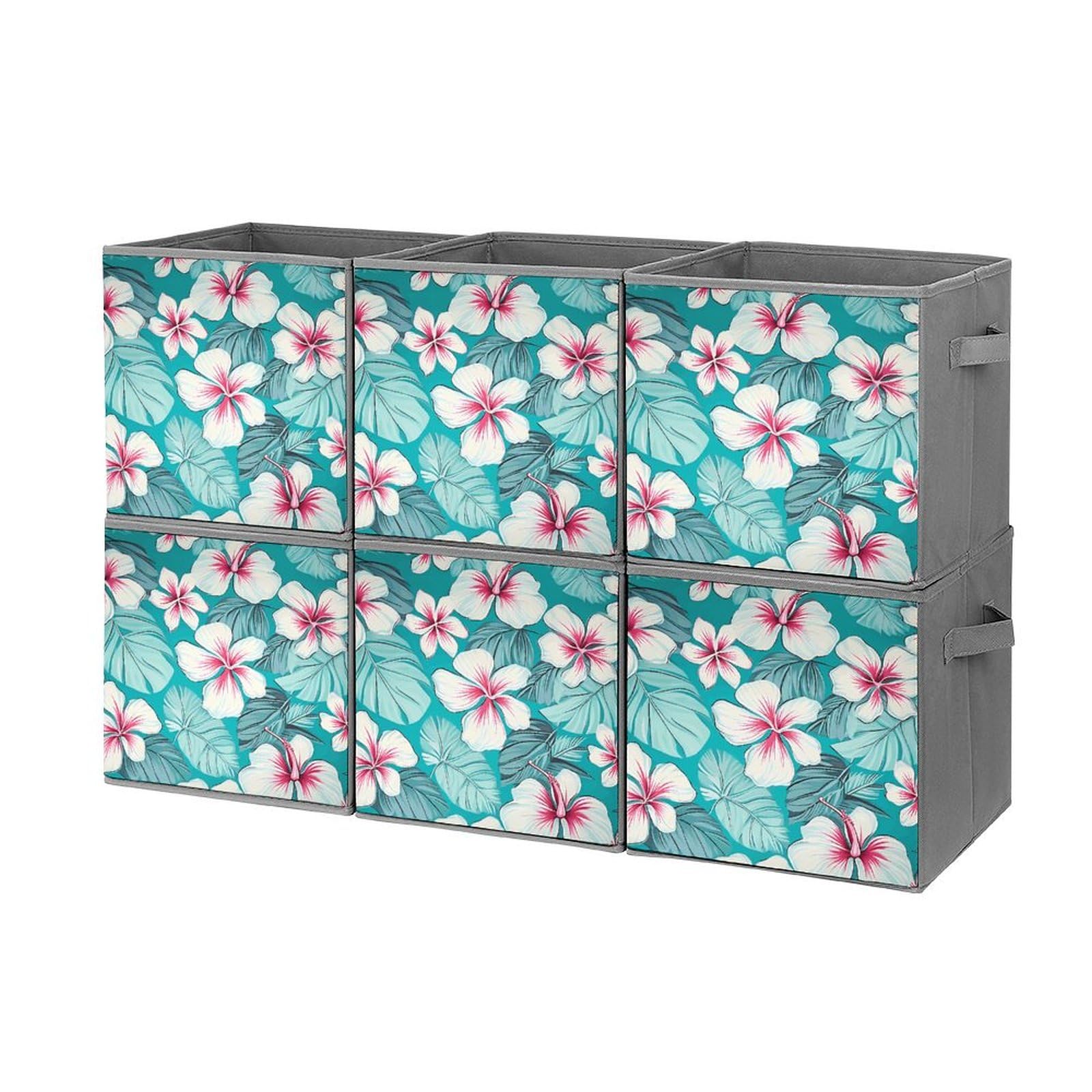 Boîtes de rangement pliables avec poignées robustes motif fleurs d'hibiscus pour gagner de la place