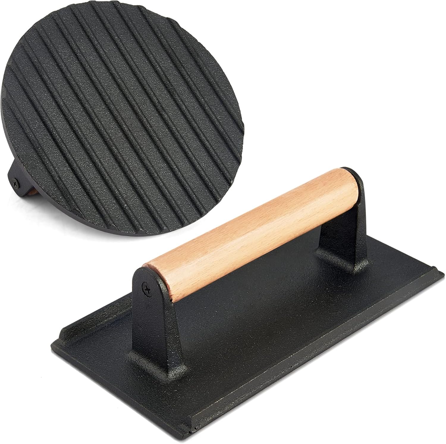 HaSteeL 2Pcs Cast iron Bacon Press, Smash Burger Press for Teppanyaki Flat Top Griddle, Heavy Duty Round 7In & Rectangular 8x4In Grill Press, Perfect for BBQ Meat, Paninis, Tortilla, Steak, Sandwich (Cast iron 2pcs) Thumbnail