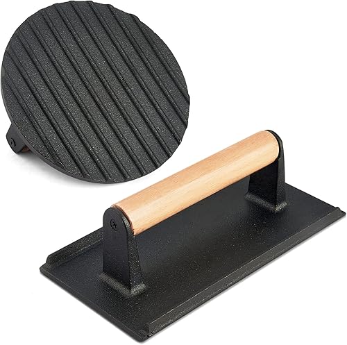HaSteeL Prensa de tocino de hierro fundido, prensa de hamburguesa para plancha Teppanyaki de parte superior plana, prensa redonda resistente de 7