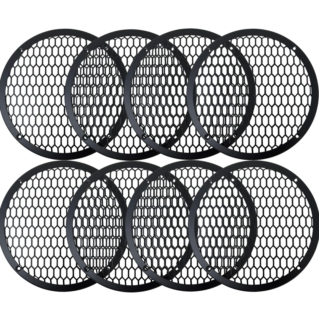 BassRockers 8" Metal Speaker Grill Cover HeavyDuty HexMesh Protective Grill Guard 8" Car Audio Speakers/Subwoofers, Universal Fit, Matte Black, 4-Hole Screw/Bolt Mount for Doors, Custom Boxes (8 Pack)
