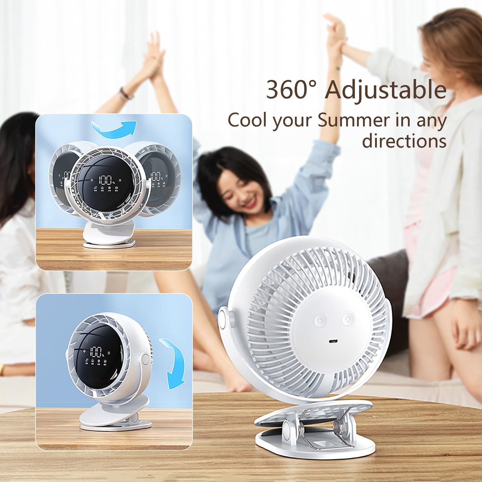 Ventilatore portatile ricaricabile con clip, ultra silenzioso, con forte flusso d'aria, 4 impostazioni di velocità, mini ventilatore USB per casa, ufficio e uso esterno (blu)