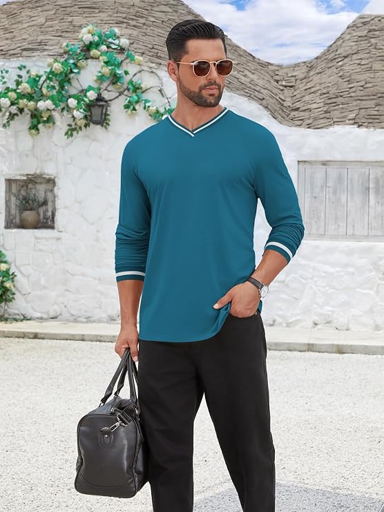 Hardaddy Mens Long Sleeve Tee Shirts Ribbed V Neck T Shirts Men Tshirt Color Block Pullover Tops