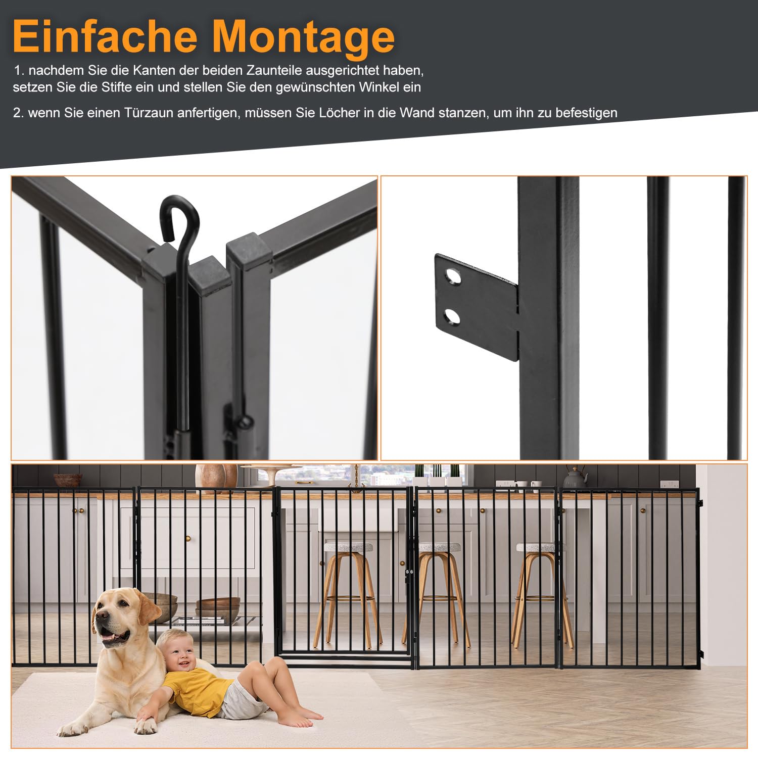 Rejilla protectora plegable para mascotas, juego de 5 piezas con puerta, rejilla protectora para chimenea con puerta de 304 cm, color negro, fijación a la pared, cada elemento 60 x 76 cm