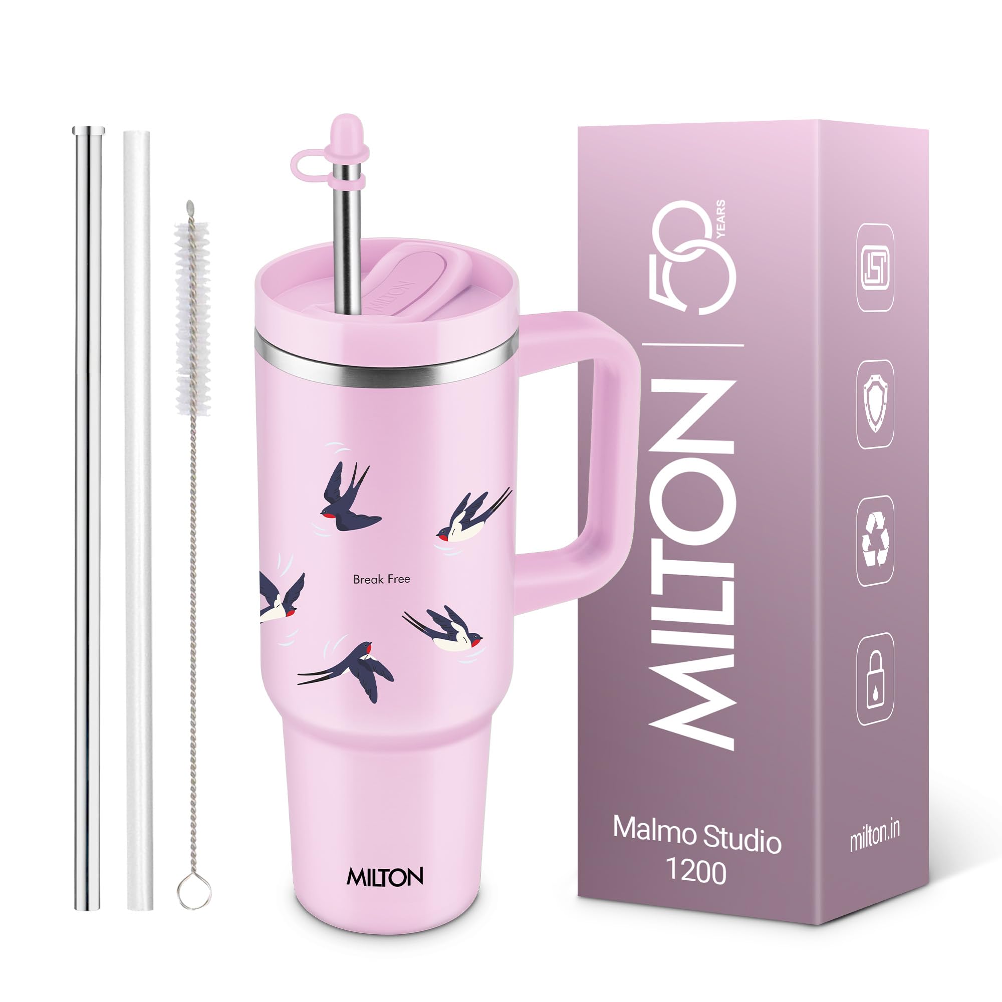 MILTON Malmo 1200 Thermosteel Double Wall Vacuum Insulated Stainless Steel Tumbler with Handle 1100ml, Travel Mug with Straw,Silicon Cap,Cleaning Brush,Hot & Cold Beverage Flask,Birds Pink