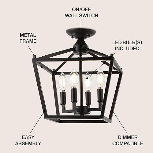 Miniatura 2 de JONATHAN Y JYL7610A - Mini linterna de hierro de 12 pulgadas, 4 luces, moderno montaje empotrado, rústico, industrial, regulable, luz cálida