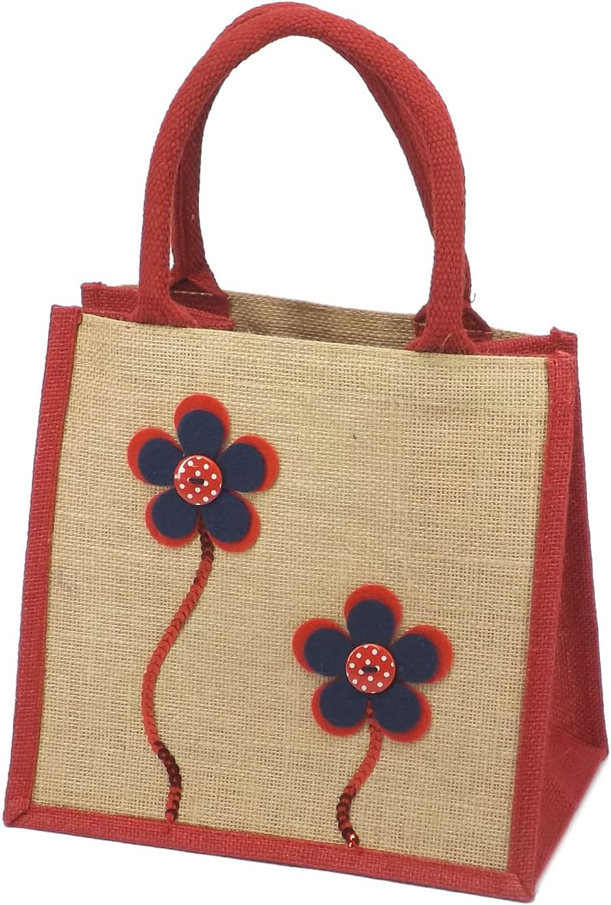 Jute Hessian Lunch Gift Bag - Flower Design- Red