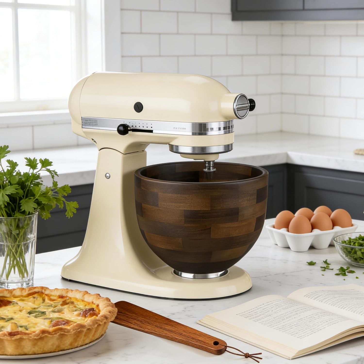 Premium American Walnut Wood Mixing Bowl, Compatible with Kitchen Aid 4.5 & 5 Qt Tilt-Head Stand Mixers, Wooden Mixing Bowls for Mixer with Stainless Steel Locking Base, Natural True Walnut